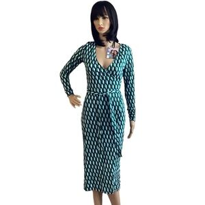 Diane von Furstenberg Women's Midi Wrap Dress NWT Deep V-Neck Long Sleeve Green